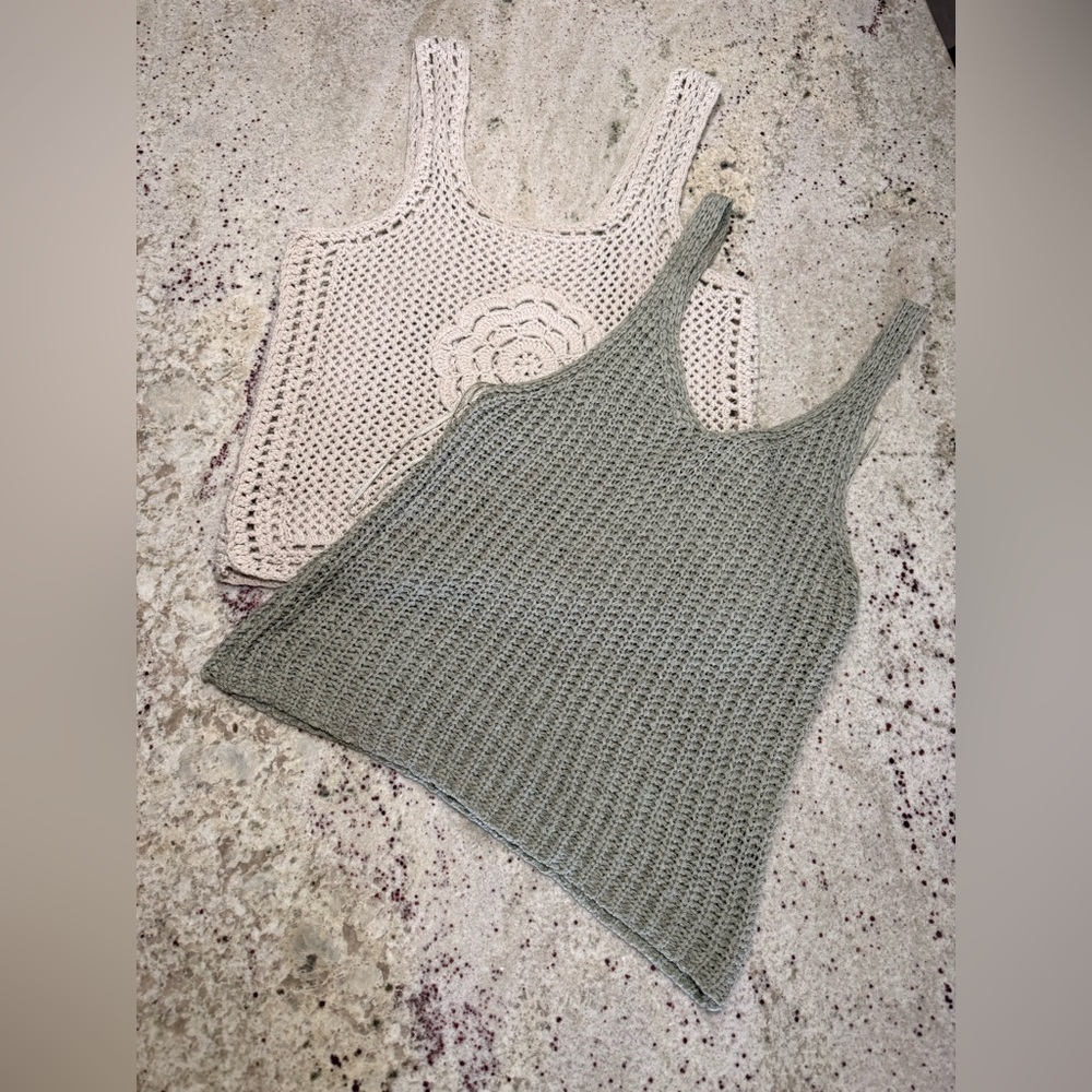 Crochet Knit Tank Top - Cream and Green